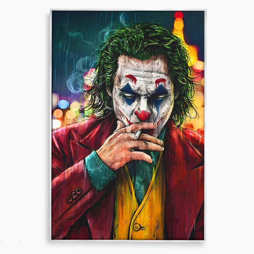 Tablou canvas cu tablou canvas cu jokerul fumand in ploaie, in rama de aluminiu argintiu